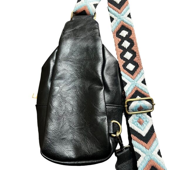 Unbranded Black Vegan Leather Sling Bag Embroidered Strap - Picture 8 of 10